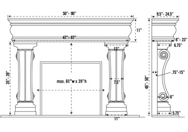 1106.11.538 stone fireplace mantel spec sheet