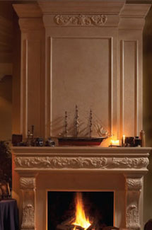Regal stone fireplace overmantle surround in Vancouver