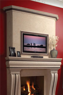 Tuscan stone fireplace overmantle surround in Vancouver
