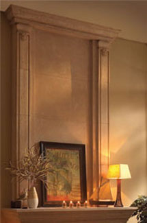 Valencia stone fireplace overmantle surround in Vancouver